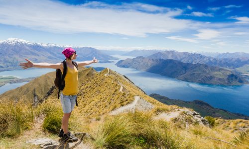 Woman,Traveler,With,Backpack,Hiking,In,Mountains.,New,Zealand.,Lake